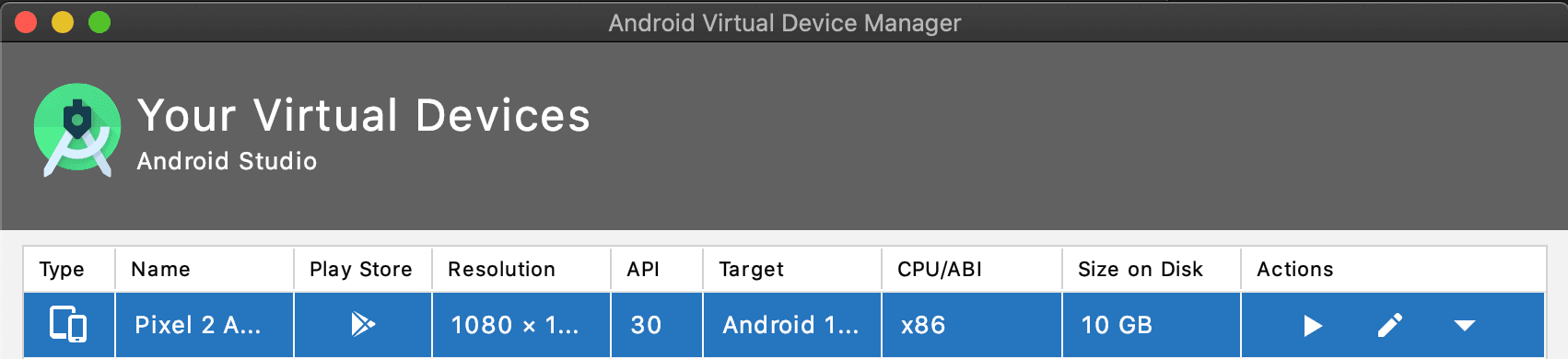 Android Virtual Device Manager画面