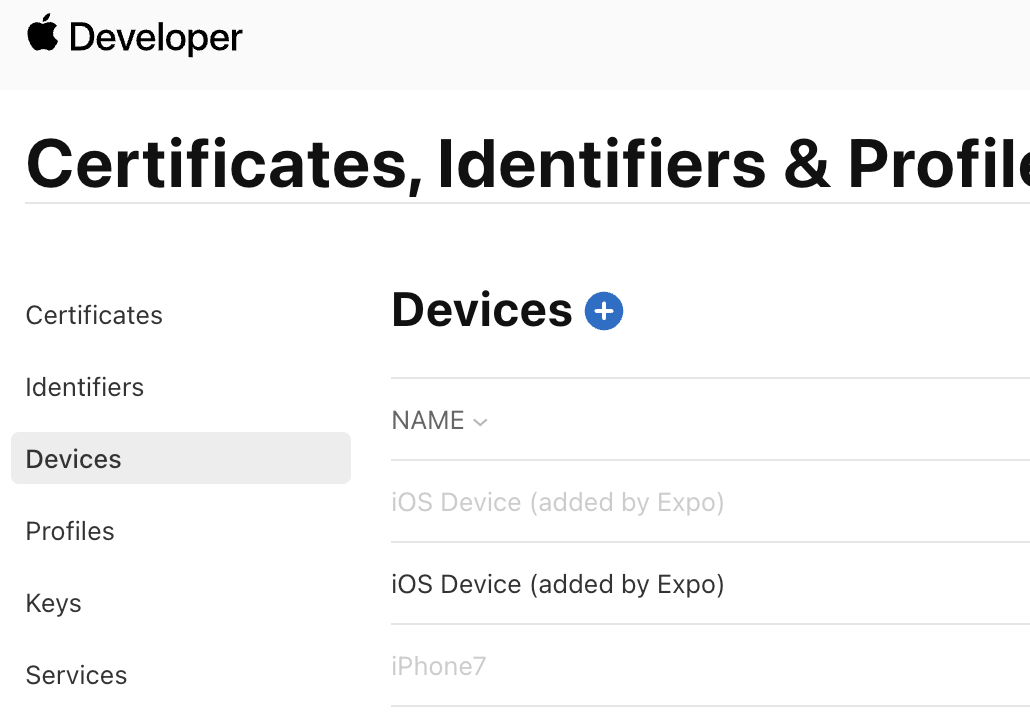 Apple Developer -> 証明書、ID、プロファイル -> デバイス
