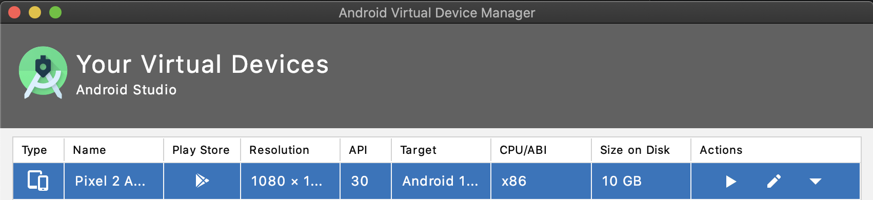 Android Virtual Device Manager画面